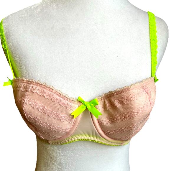 NEW Victoria Secret Sexy Little Things Push Up Bra 36B Pink Neon Green Bows Y2K - Picture 1 of 11